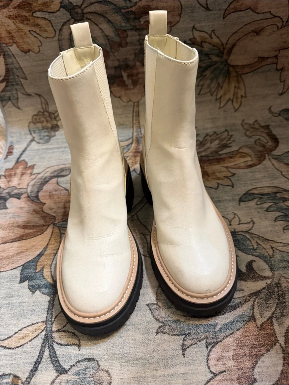 Cream Leather Chelsea Lug Boots with Contrast Sole